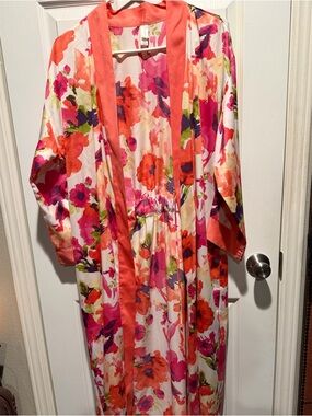 Floral Satin Robe with Coral Trim - Women's Intimates & Sleepwear